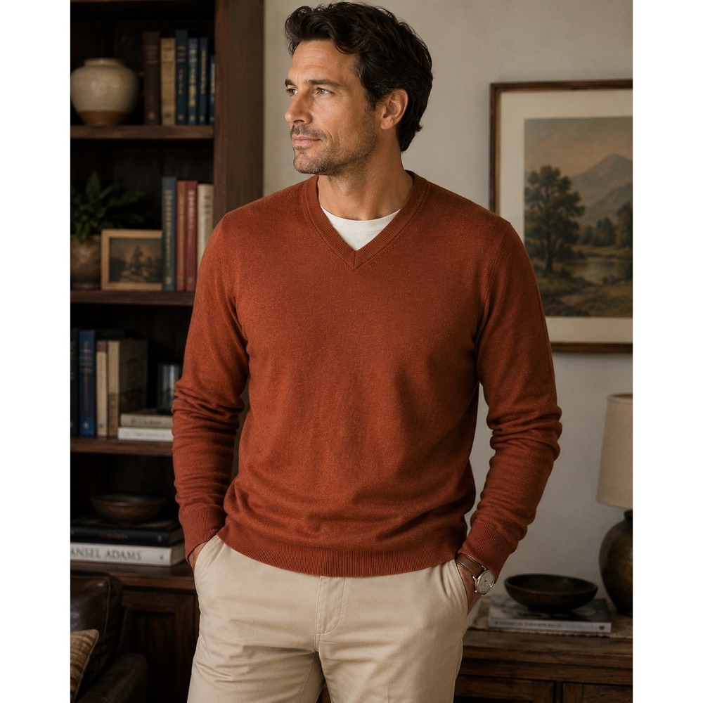 Calvin Klein Mens Extra Fine Italian Merino Wool V-Neck Sweater Rust  Large